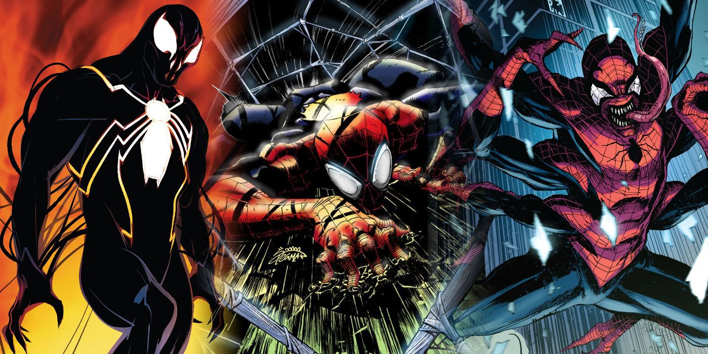 Split image of three different evil versins of Spider-Man