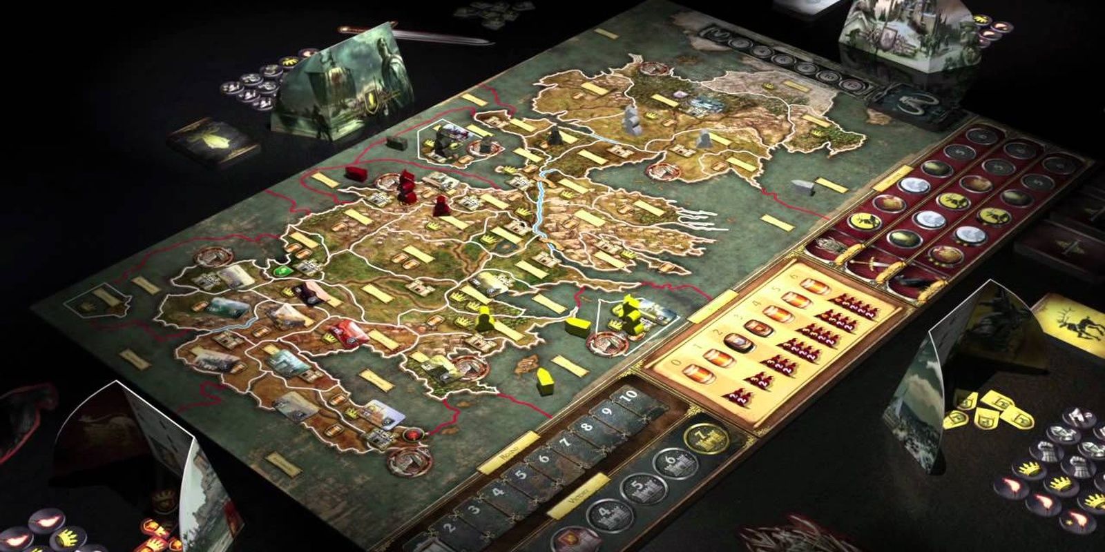 The components and board for A Game of Thrones board game.