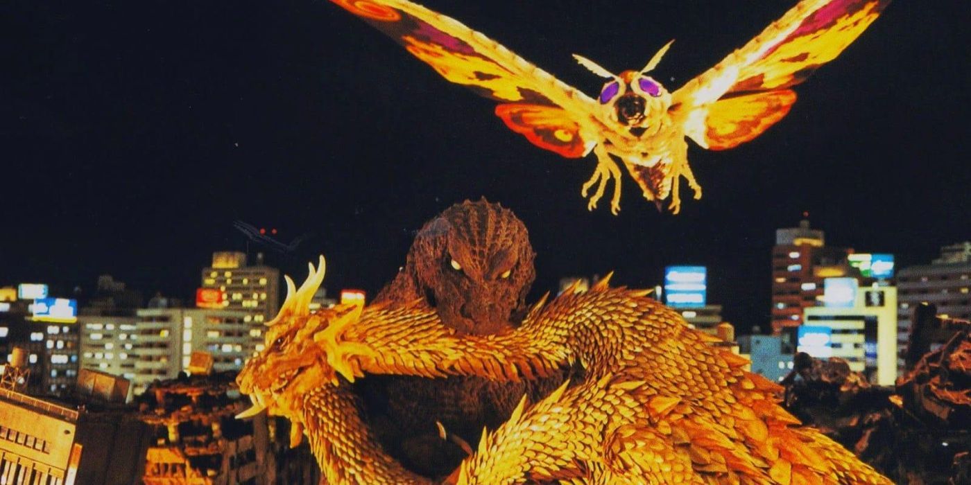 Godzilla, King Ghidorah and Mothra fight each other.