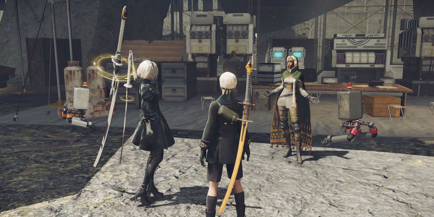 2B and 9S at the resistance camp with Anemone in NieR: Automata