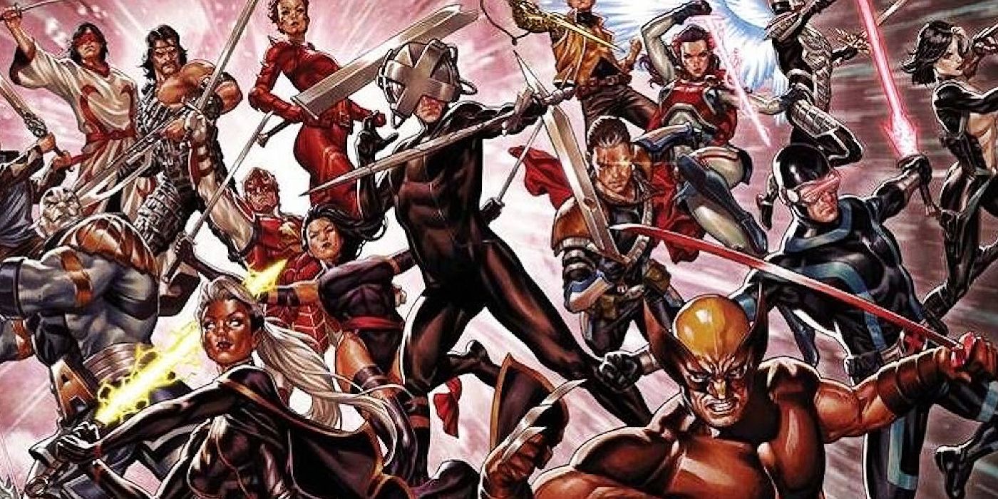 Several X-Men descend from the sky brandishing swords from Marvel Comics
