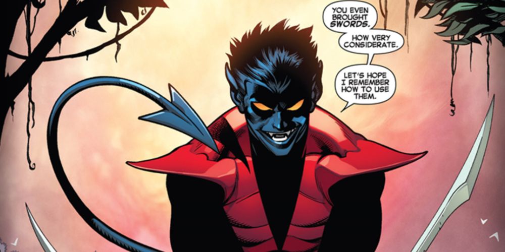Nightcrawler perches in the trees with a sword in his hand.