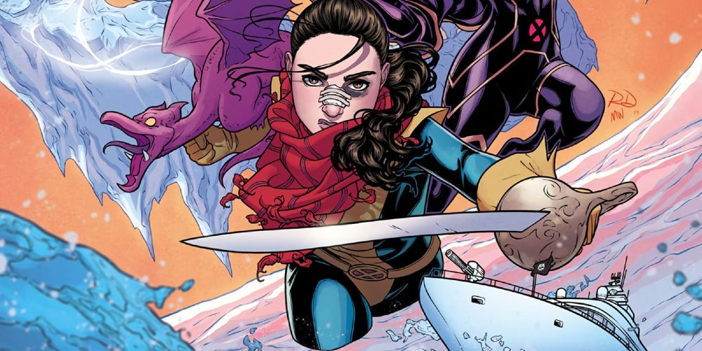 Shadowcat Phases through Snow with Lockheed on her Shoulder and a Sword in her hand