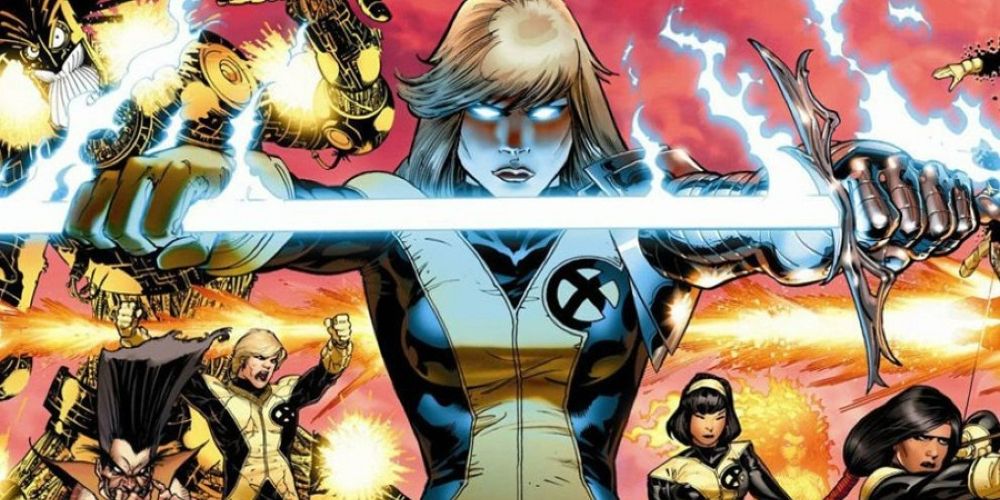 Magik holds glowing Soul Sword while New Mutants gather behind her