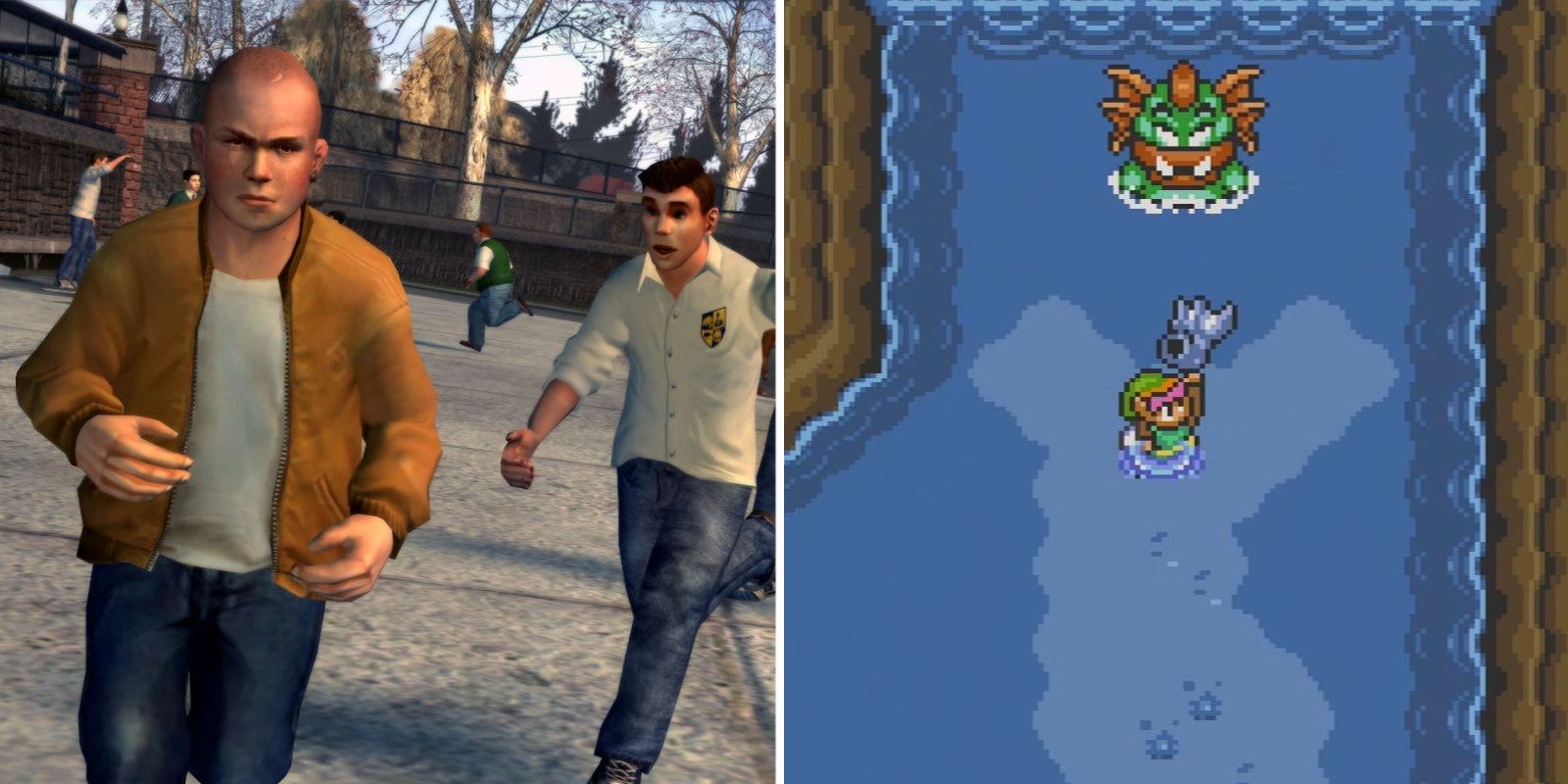 Jimmy Hopkins running from students, and Link receiving an item from a Zora