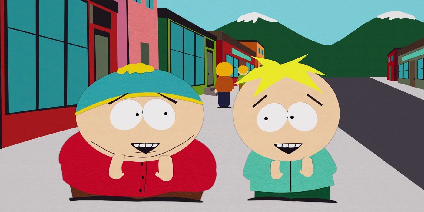 Cartman and Butters excitedly play on the sidewalk together in South Park