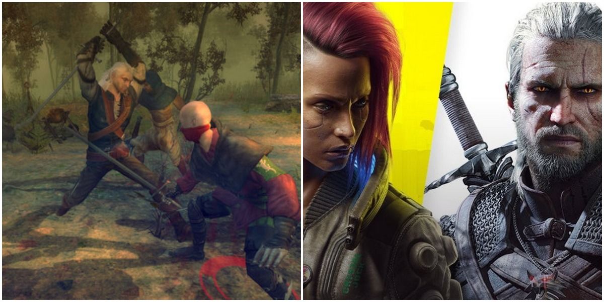 Geralt from The Witcher contrasted with collage of V from Cyberpunk 2077 and Geralt from The Witcher 3