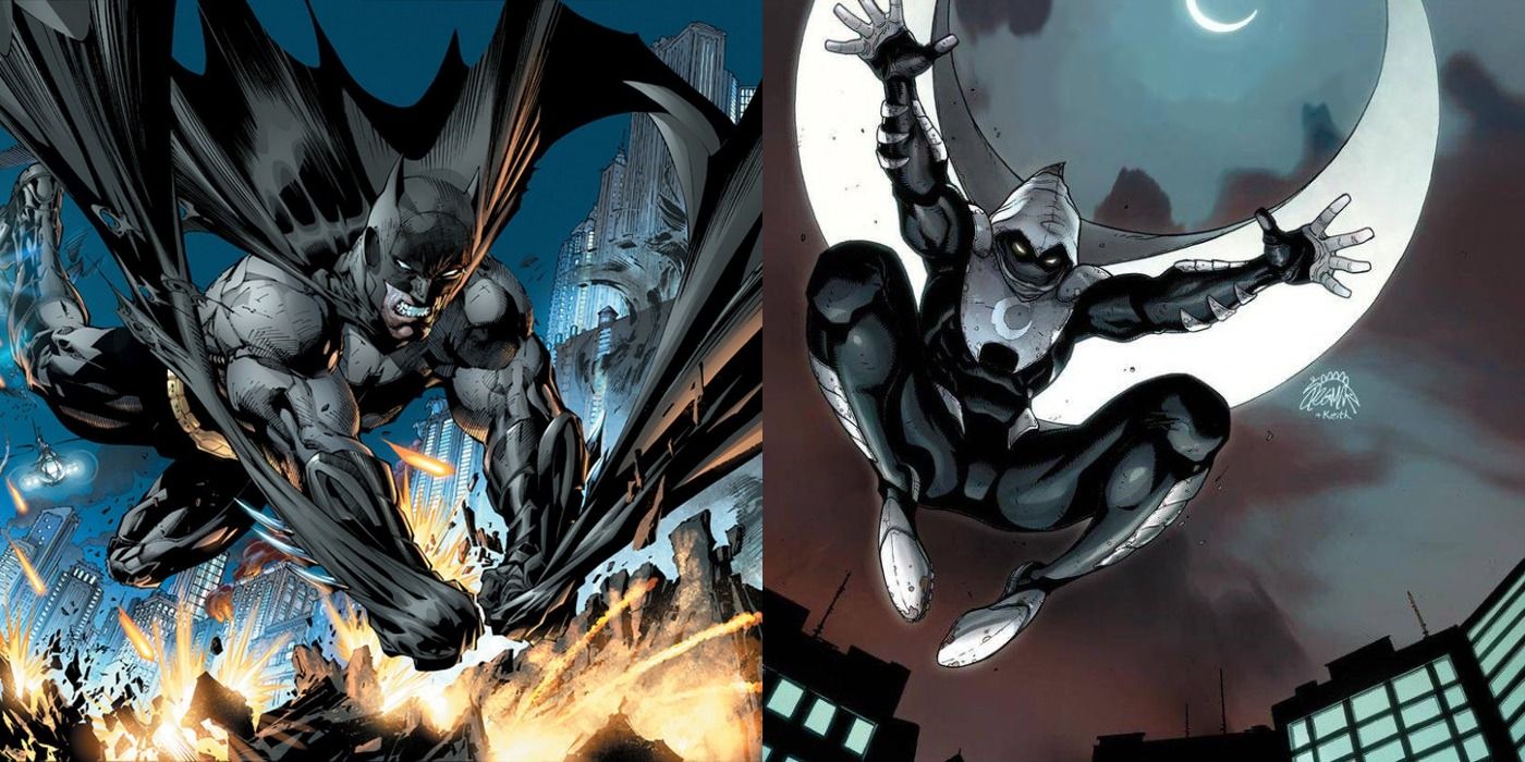 Can Moon Knight Beat Batman Split Featured Batman dodging bullets and Moon Knight leaping