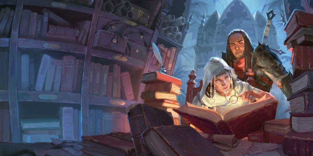 Dois estudiosos estudando um livro na campanha DnD pré-fabricada dos Mistérios do Candlekeep.