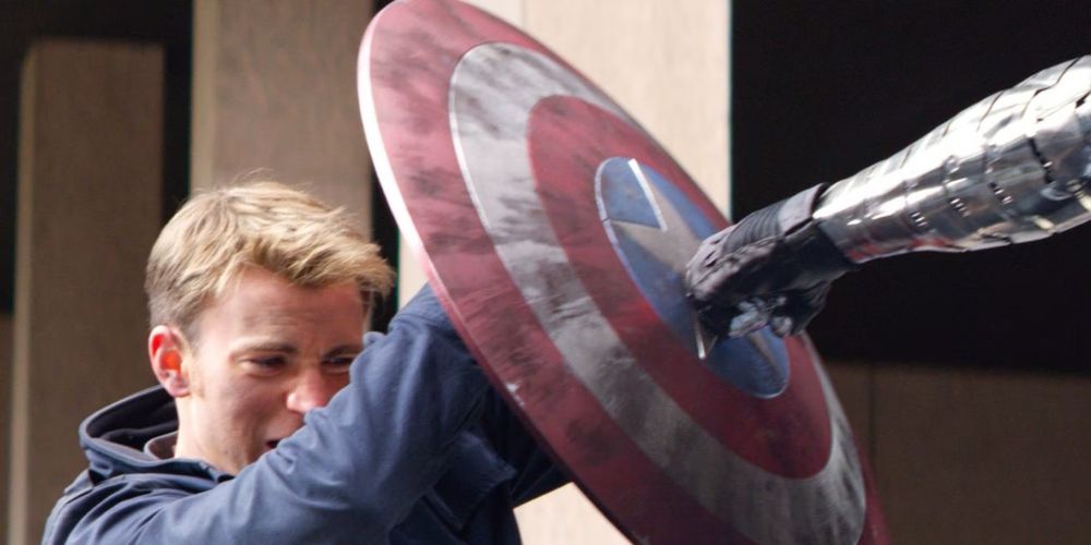Captain America blocking Bucky's punch with his shield