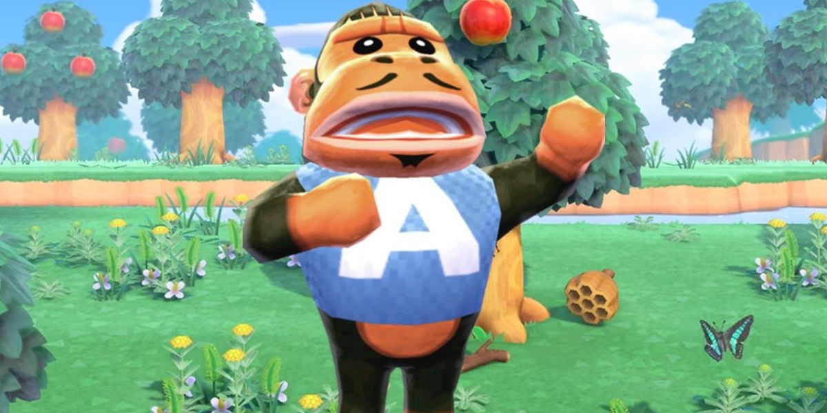 Cesar, a cranky Gorilla villager, with one hand raised above its head in Animal Crossing New Horizons