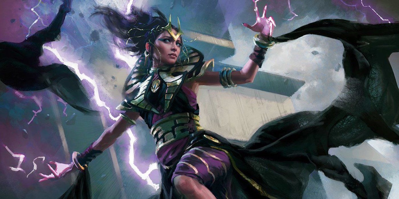 A spellcaster wearing Nicol Bolas's symbol on her forehead and surrounded by purple lightning in dnd.