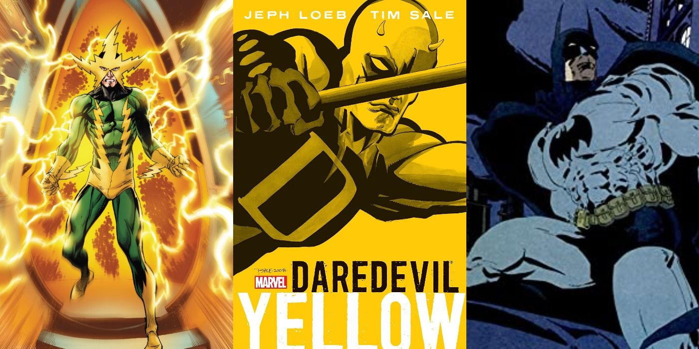 Daredevil Yellow Things You Didn't Know Split Featured Electro emerging from a pod, Daredevil with his billy club, and Batman on a rooftop in Long Halloween