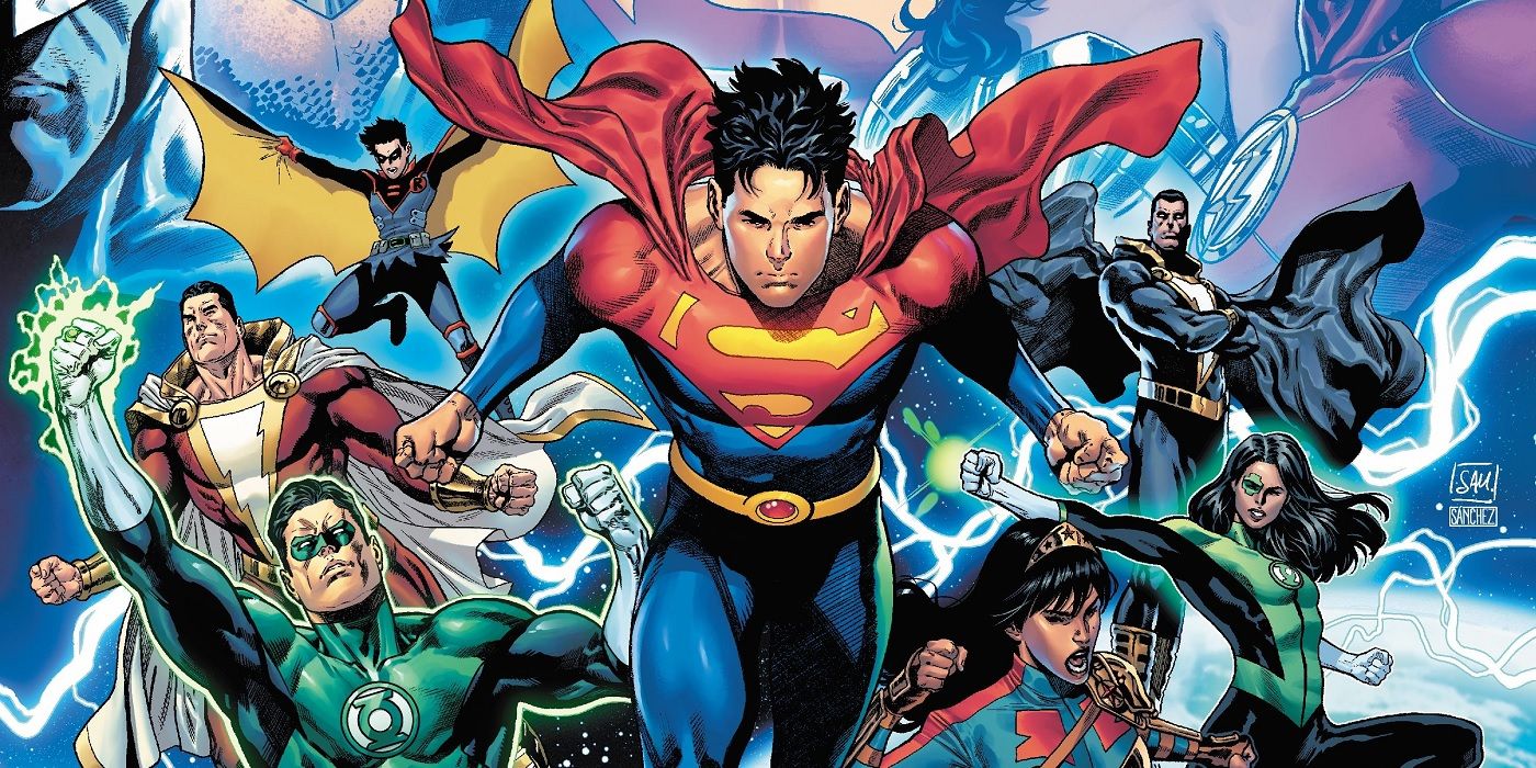 Jon Kent as Superman alongside Green Lantern, Shazam and Wonder Woman in Dark Crisis by Daniel Sampere