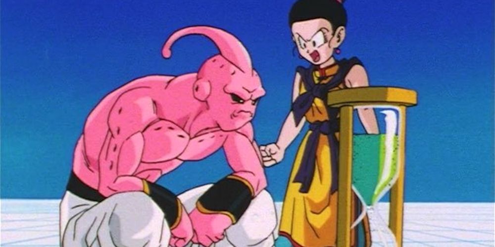 Super Buu impatiently watches hour glass with Chi-Chi in Dragon Ball Z