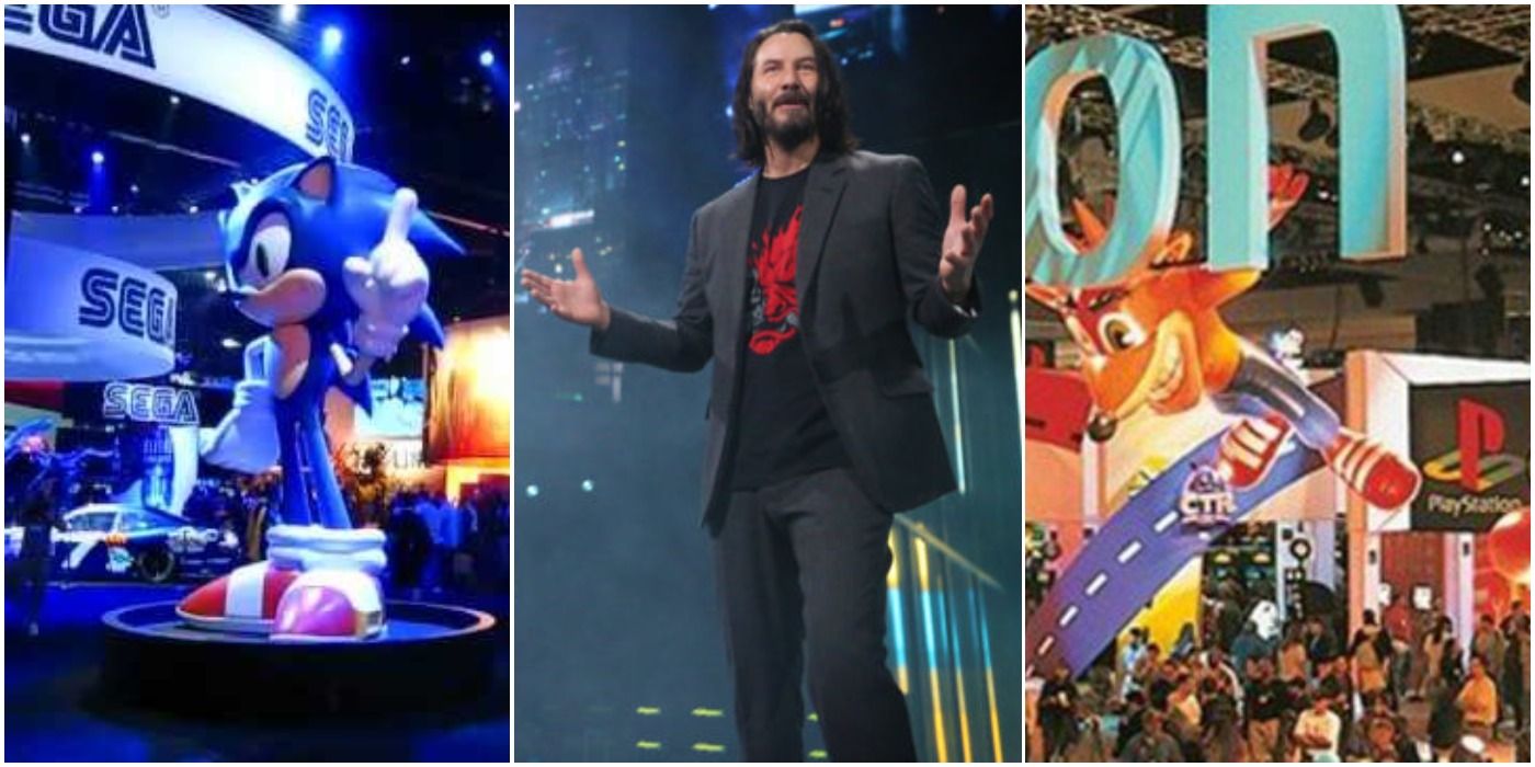 Sega E3 booth with sonic statue, Keanu Reeves presenting Cyberpunk 2077, PlayStation booth at E3 with Crash Bandicoot balloon