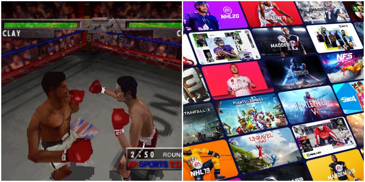 Foes of Ali on the 3DO contrasted with a collage of EA games including The Sims 4, Madden, Star Wars and more