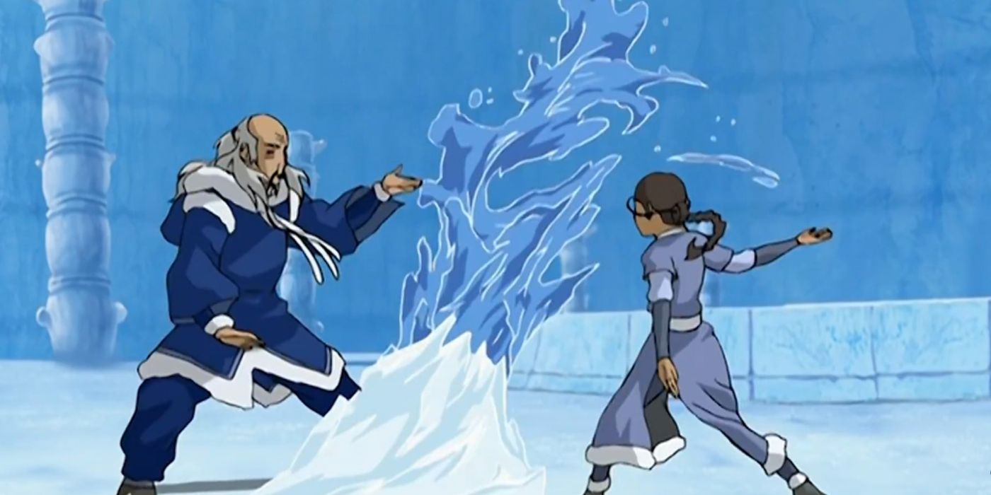 Katara lutando contra Mestre Pakku porque ele não a deixou treinar como dominadora de água