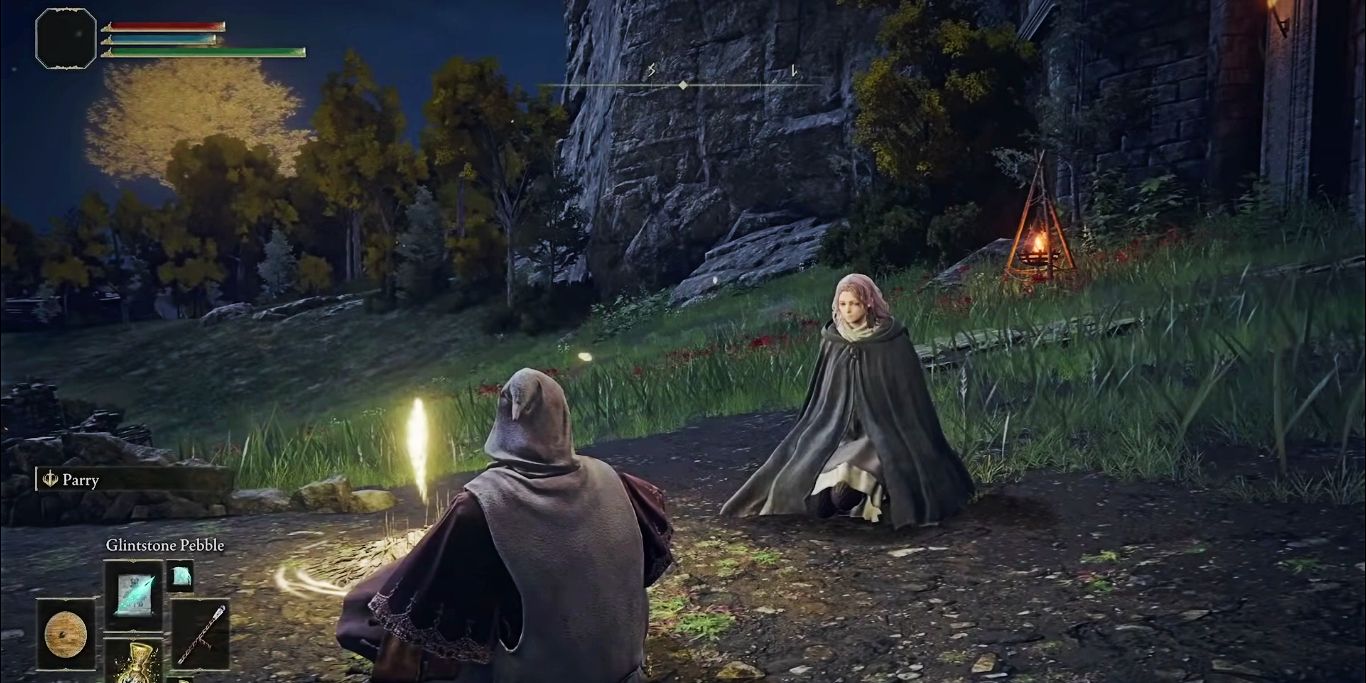 Screenshot depicting an Astrologer with a Maiden resting at a Site of Grace, as seen in Elden Ring.