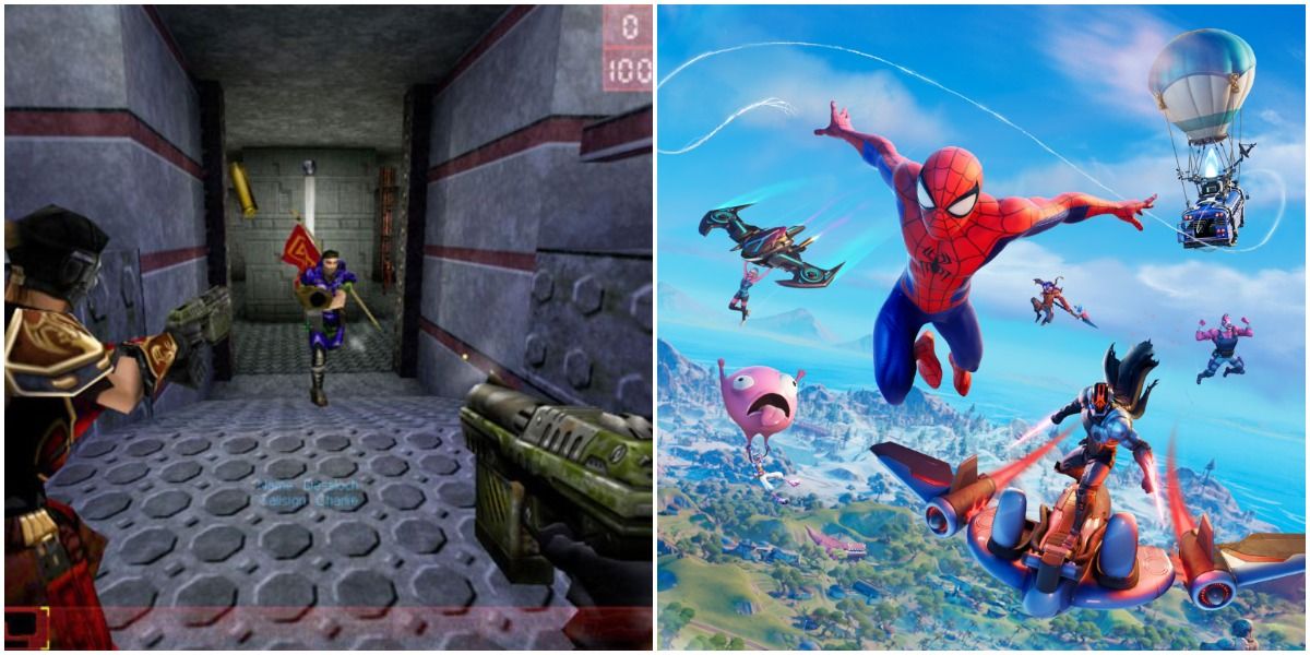 Unreal Tournament contrasted with Fortnite Chapter 3 banner featuring Spider-Man
