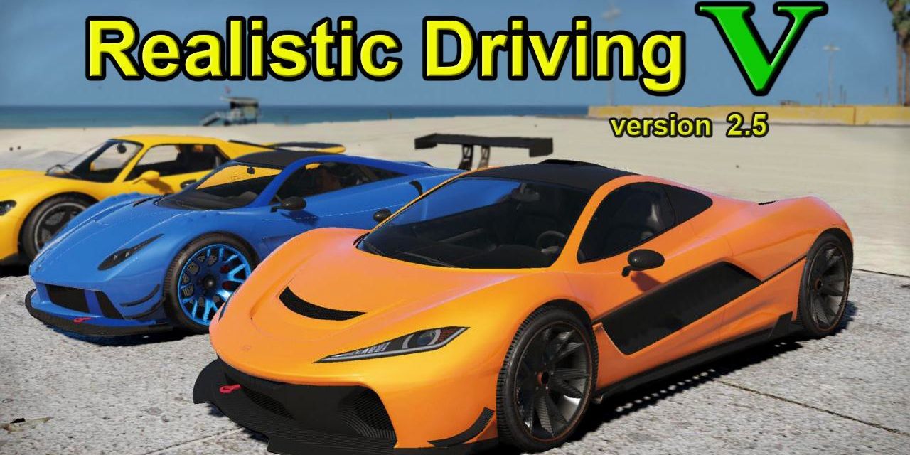 Promotional image for the Realistic Driving V mod in GTA V.
