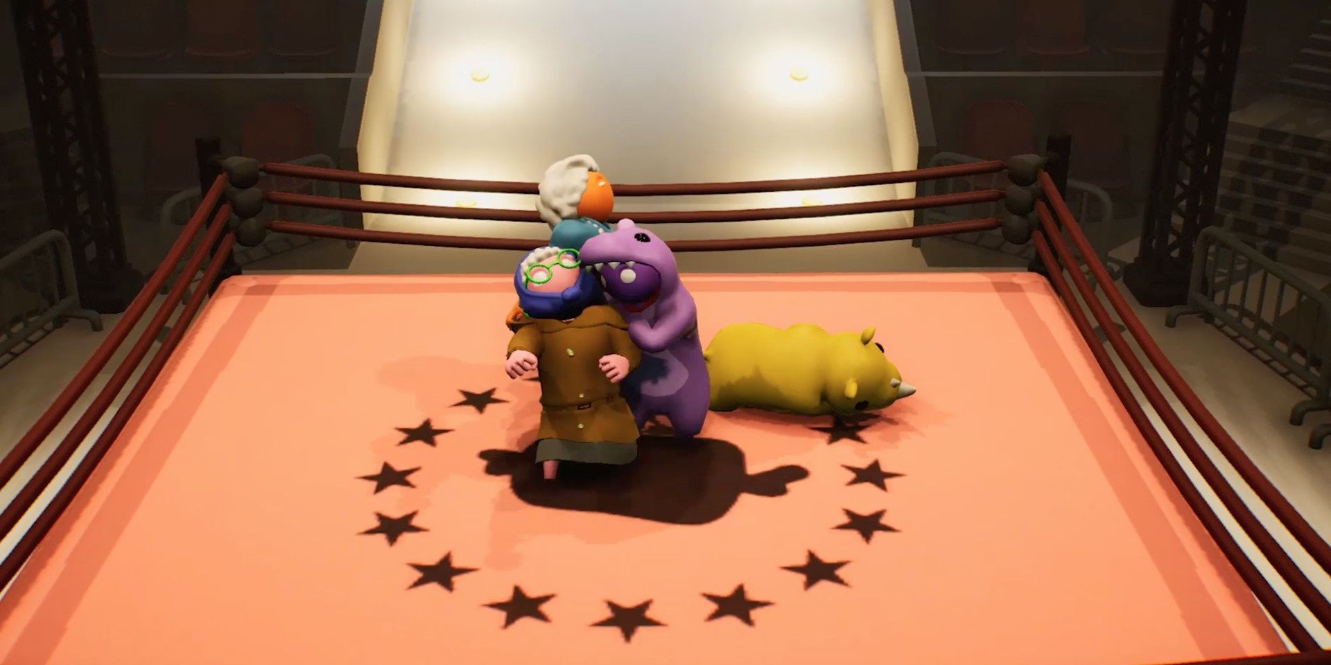 Players duking it out in the wrestling ring in Gang Beasts