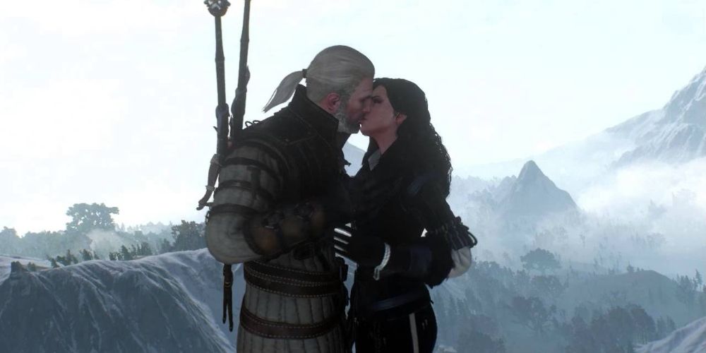 Geralt and Yennefer kissing in the Witcher 3: Wild Hunt game