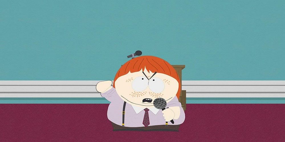 Cartman with ginger hair yelling at everyone in South Park