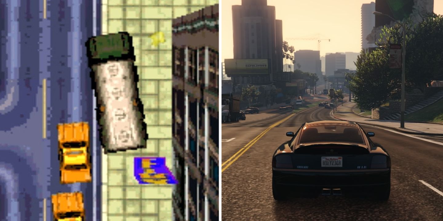 Driving around in Grand Theft Auto 1 and V