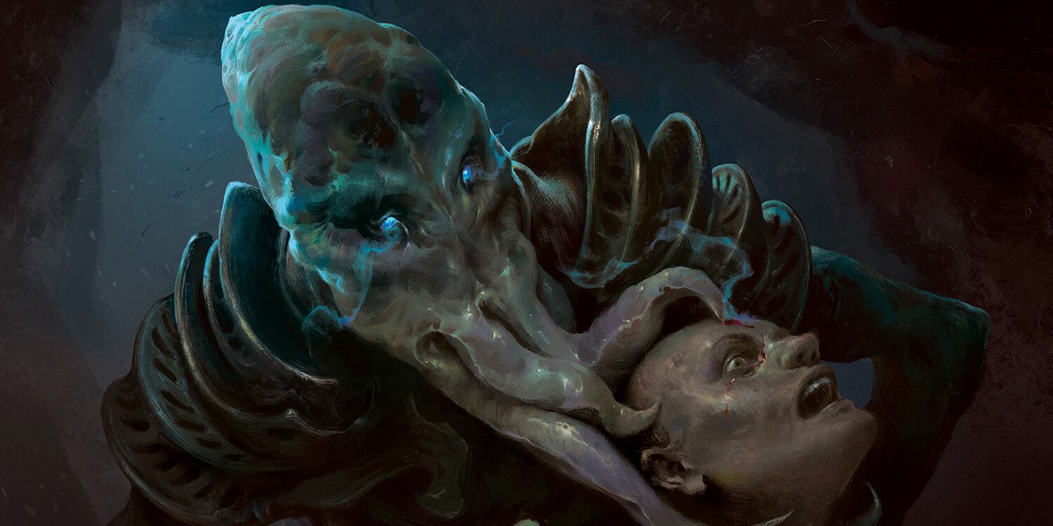 A blue mindflayer using its tentacles to eat someone's brain.