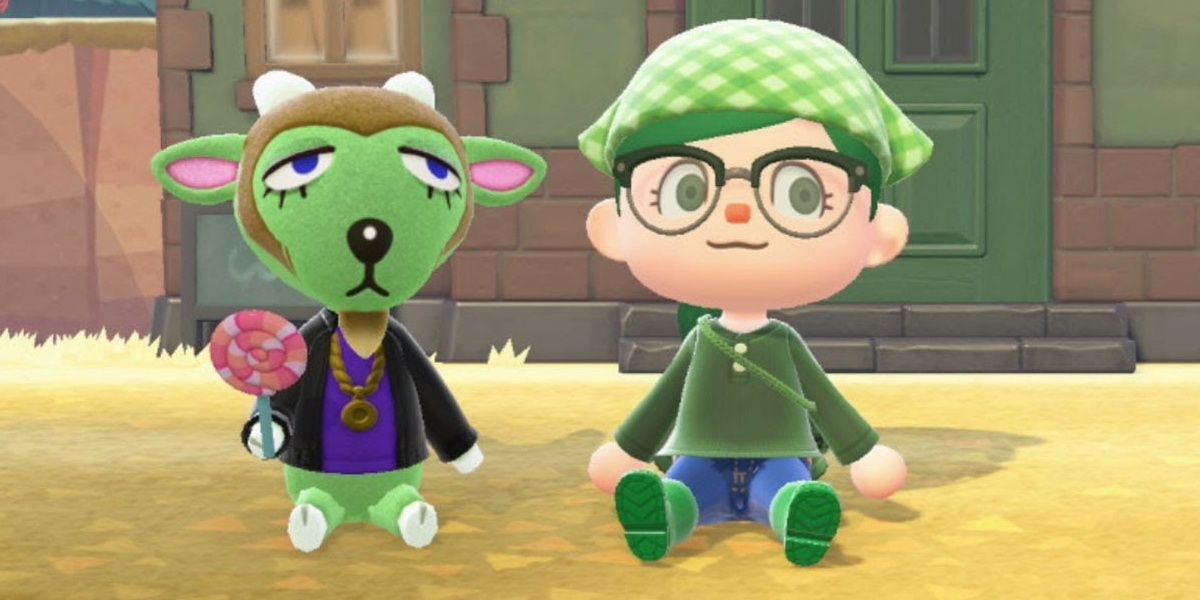 Gruff the Goat villager holding a lollipop and sitting by a player in Animal Crossing: New Horizons