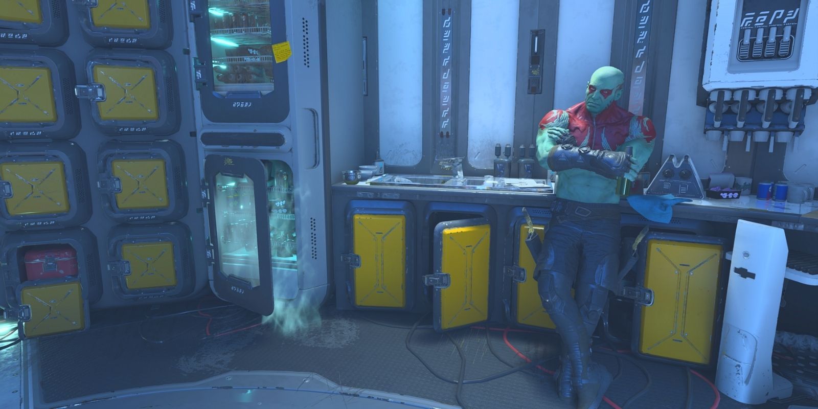Drax The Destroyer leaning against a fridge in Marvel's Guardians of the Galaxy