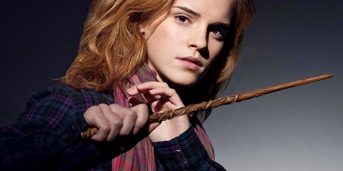 Hermione Granger holding her wand in Harry Potter.