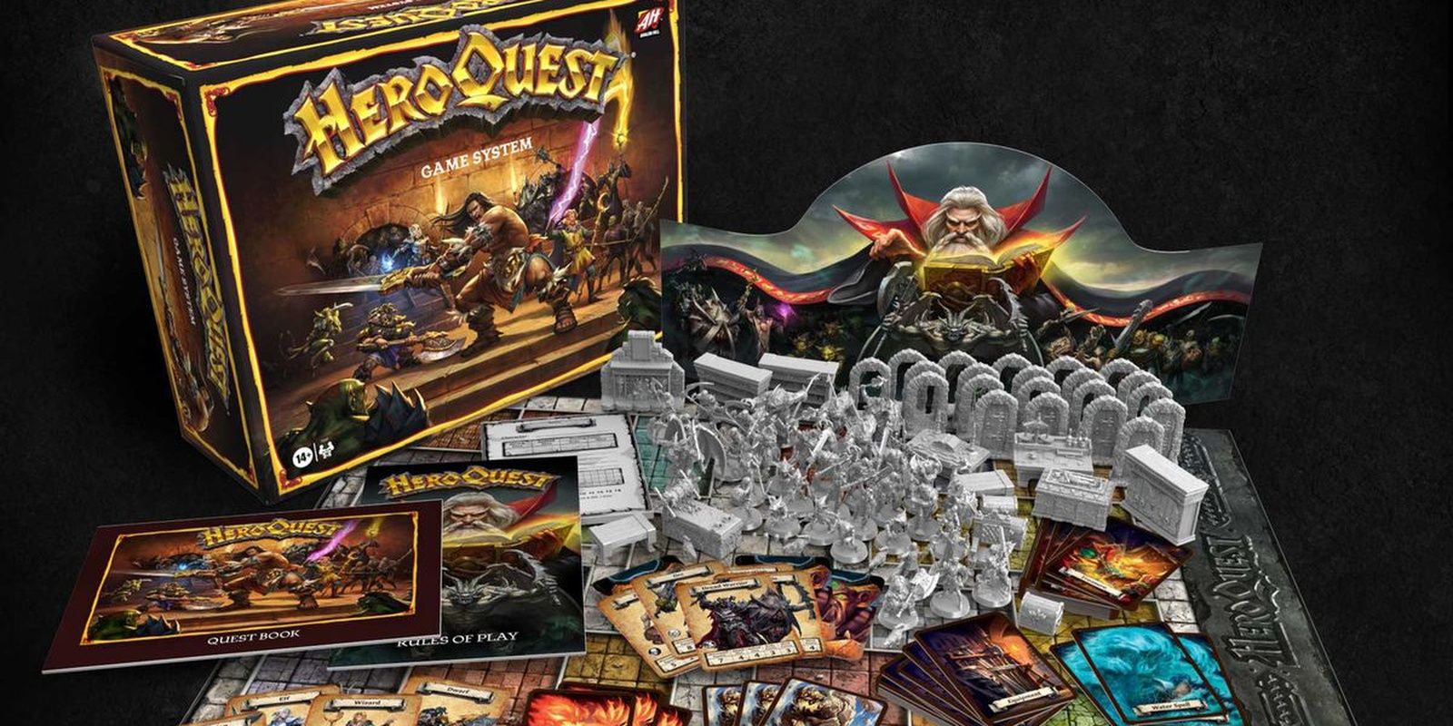 The miniatures, cards, and box of Heroquest board game
