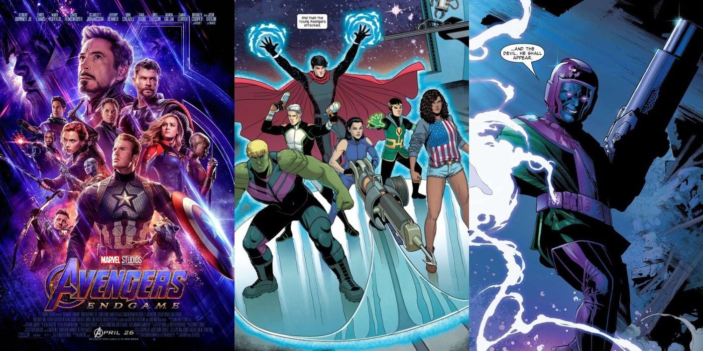How The Young Avengers Could Join The MCU Split Featured Avengers Endgame, Young Avengers crashing through a portal, Kang with a blaster