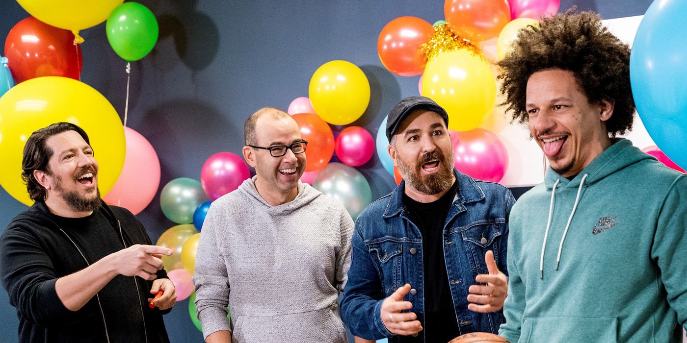 Impractical Jokers Sal, James and Brian with Eric Andre in front of balloons
