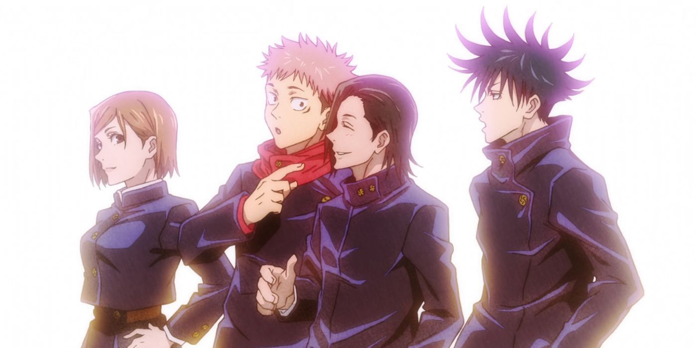 Jujutsu Kaisen's main cast hanging out with an imaginary version of Junpei if he hadn't died.