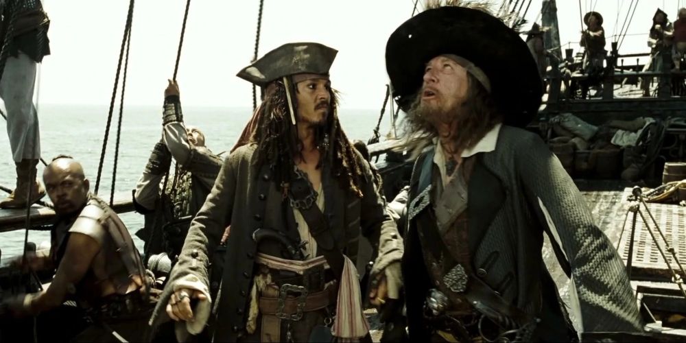 Jack Sparrow and Hector Barbossa are aboard the Black Pearl in Pirates of the Caribbean: At World's End