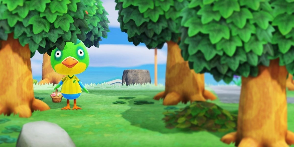 Jitters encara o jogador de dentro de uma floresta em Animal Crossing: New Horizons