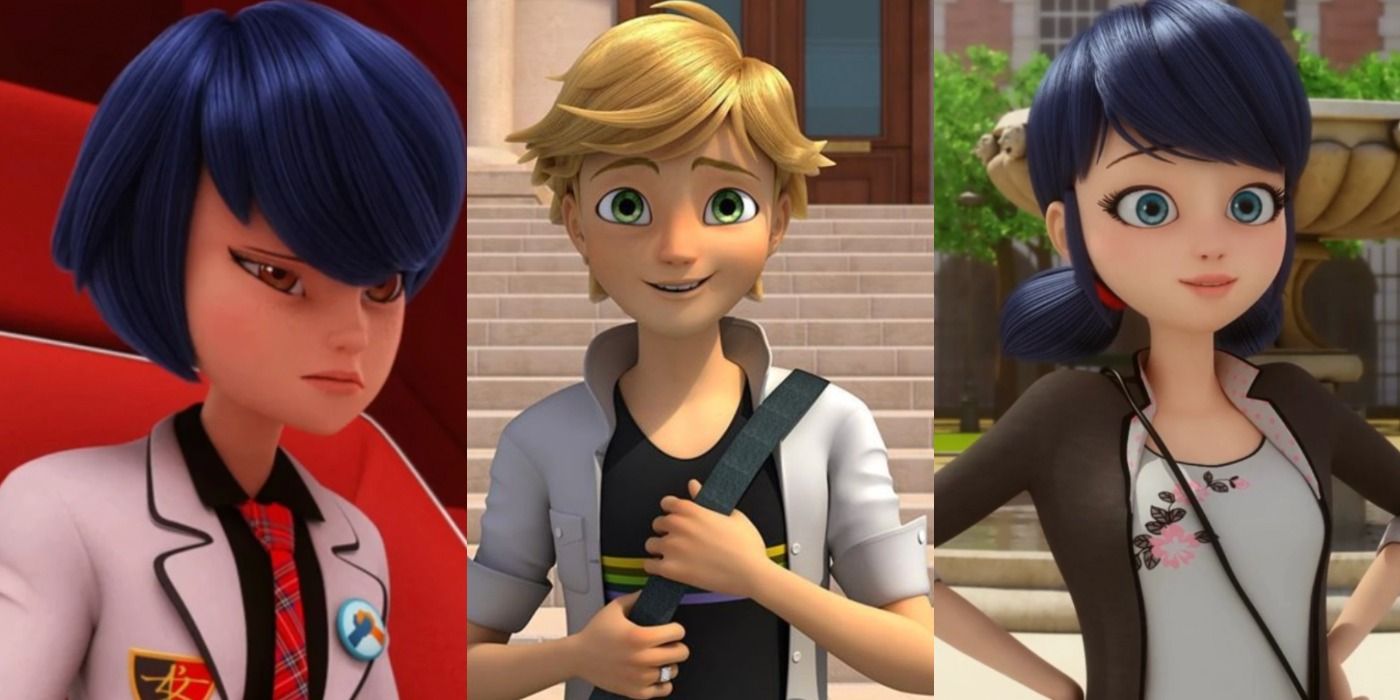 A split image features Kagami, Adrien, and Marinette in Miraculous Ladybug