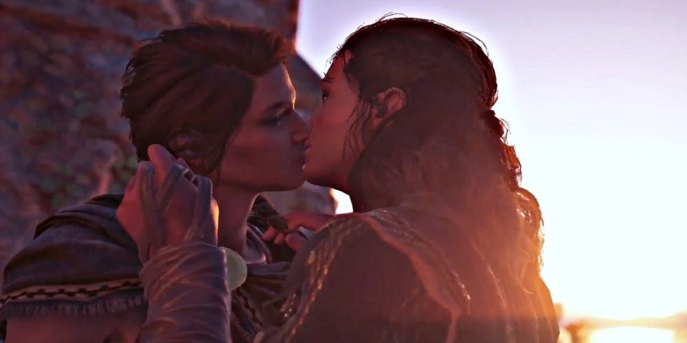 Kassandra kissing a partner in Assassin's Creed: Odyssey