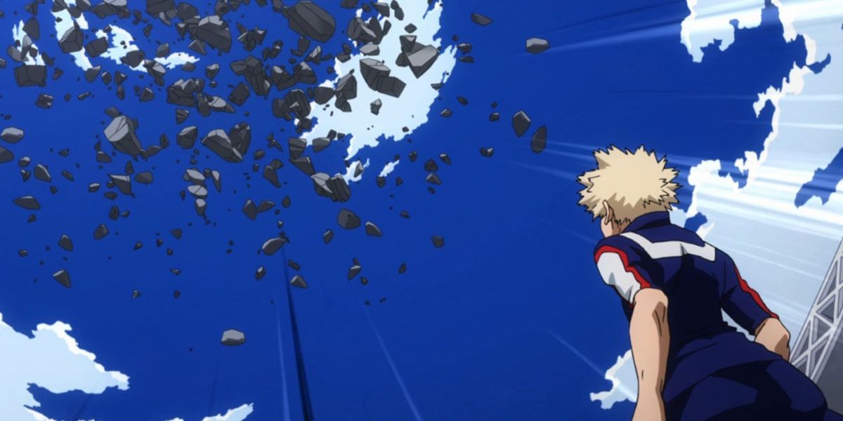 Bakugo looks up at floating debris in My Hero Academia.