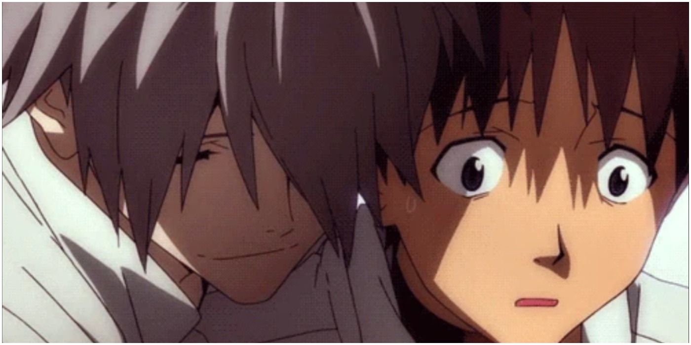Kaworu and Shinji embrace in Neon Genesis Evangelion.