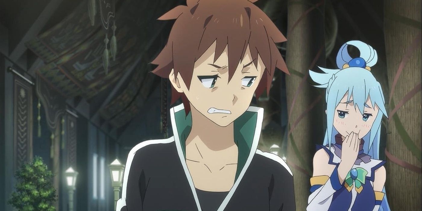 Aqua giggling as Kazuma looks annoyed in KonoSuba.