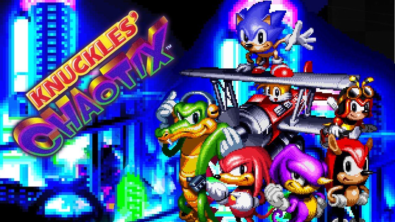 Vector, Sonic, Knuckles, Espio, Mighty, and Charmy Bee in box art for Knuckles Chaotix game