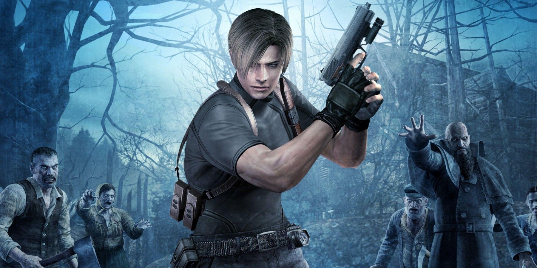 Leon Kennedy from Resident Evil 4 brandishing a gun and surrounded by zombies.