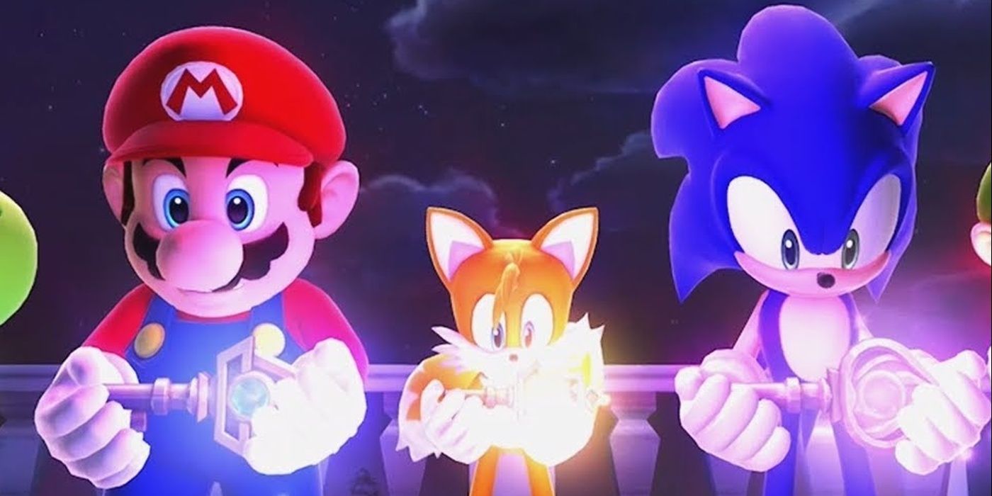 The cast with glowing keys at the Mario and Sonic 2014 Winter Olympics in Sochi