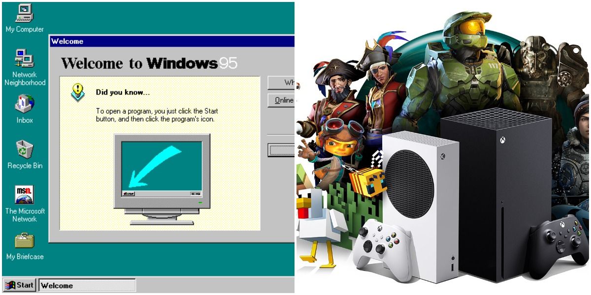 Windows 95 welcome screen contrasted with Xbox Series S/X surrounded by characters from Minecraft, Halo, Sea of Thieves and more