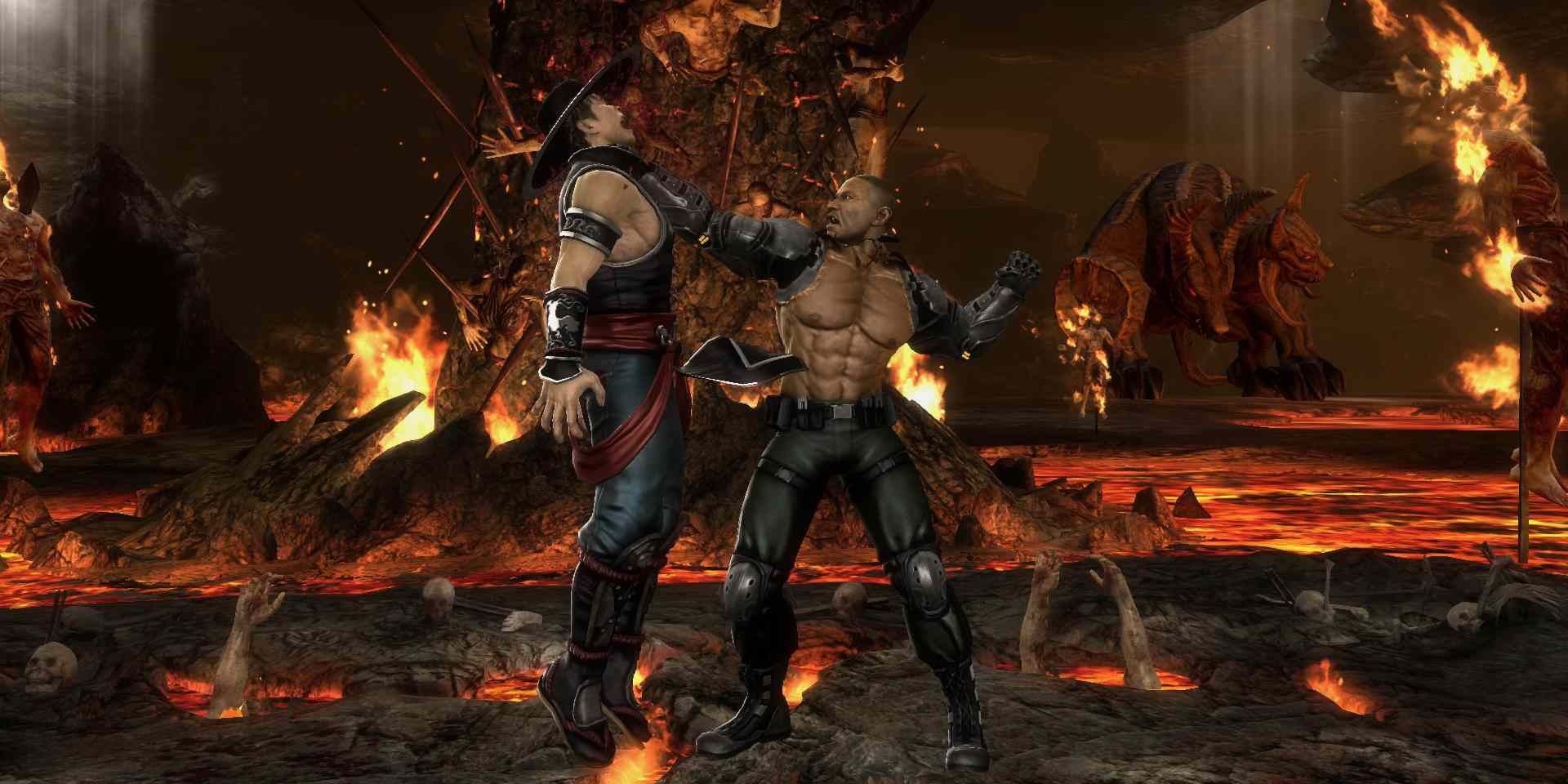 Jax holding Kung Lao by his throat.
