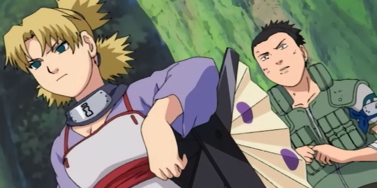 Temari protecting Shikamaru in Naruto.